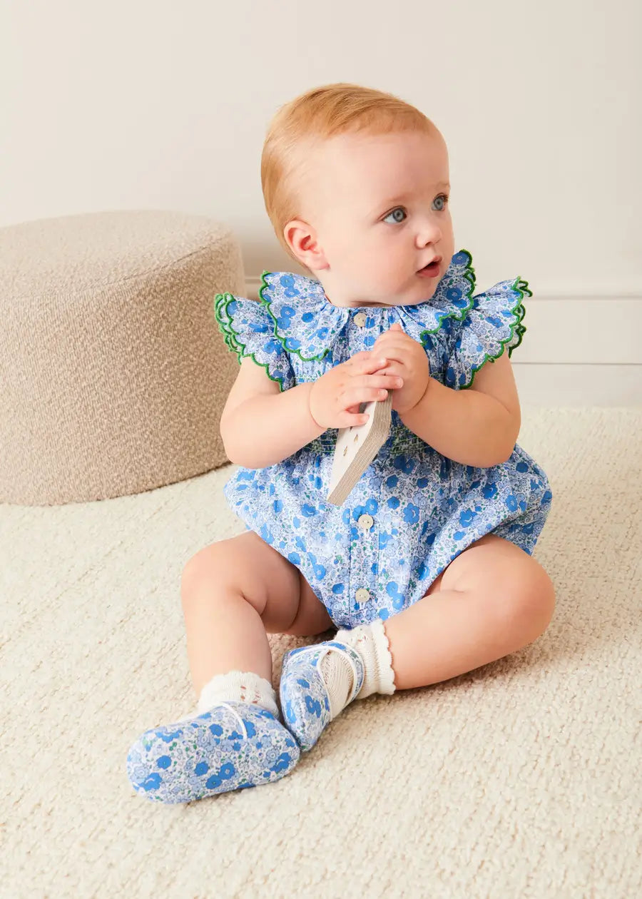 Olivia Floral Smocked Ruffle Collar Sleeveless Romper in Blue (6mths-2yrs) ROMPERS from Pepa London