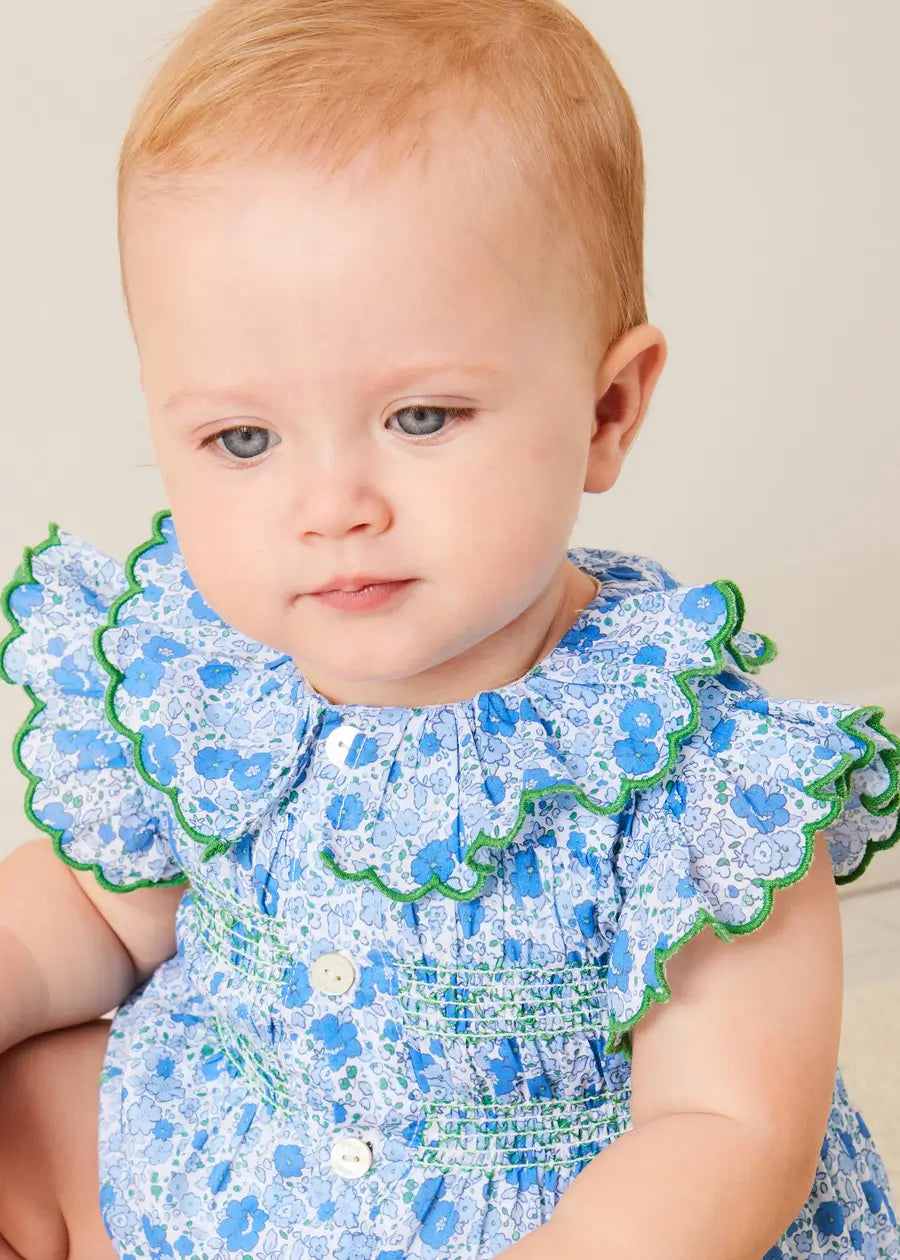 Olivia Floral Smocked Ruffle Collar Sleeveless Romper in Blue (6mths-2yrs) ROMPERS from Pepa London