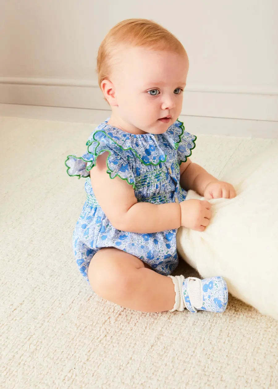 Olivia Floral Smocked Ruffle Collar Sleeveless Romper in Blue (6mths-2yrs) ROMPERS from Pepa London