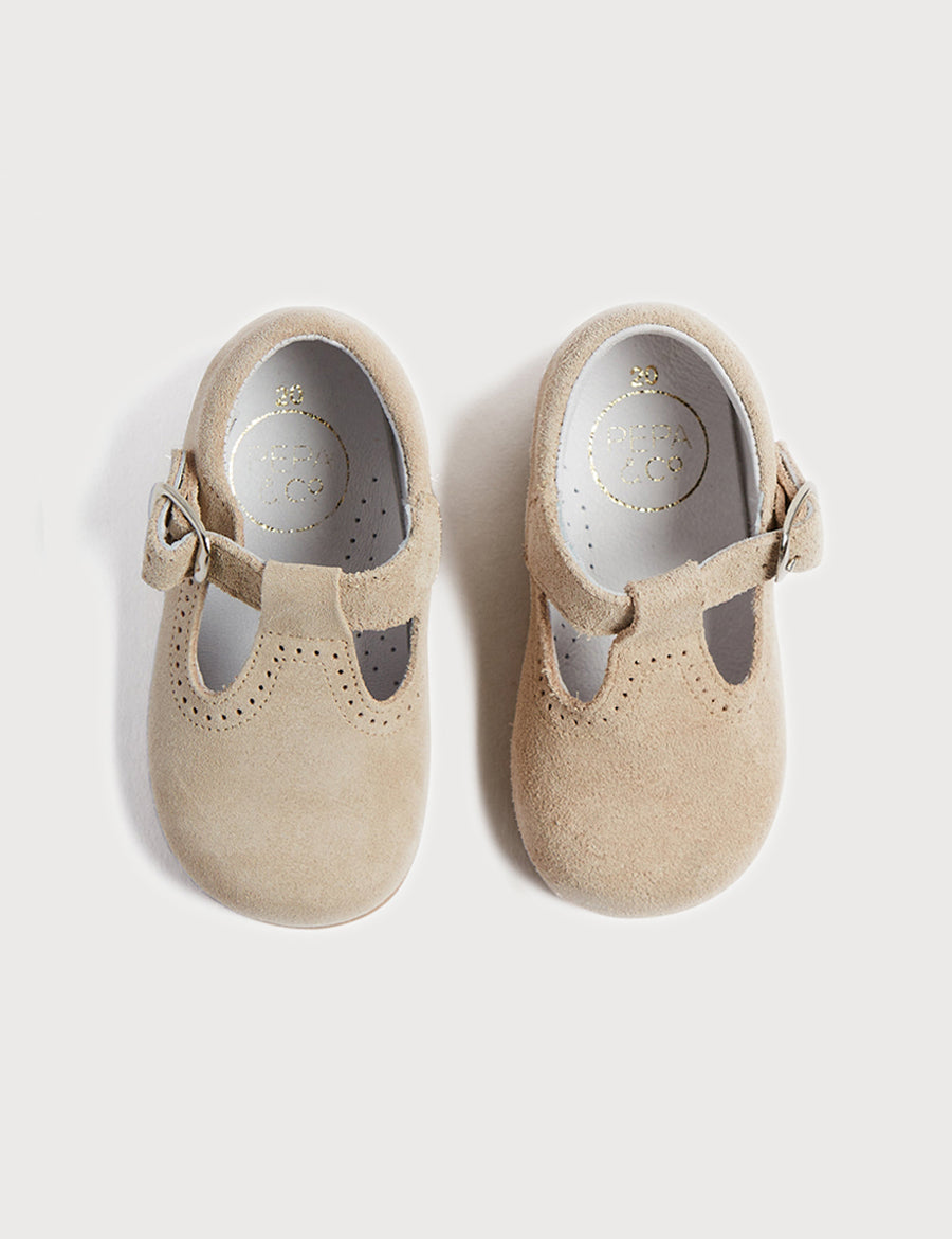 T-Bar Suede Baby Shoes in Beige (20-24EU) Shoes  from Pepa London