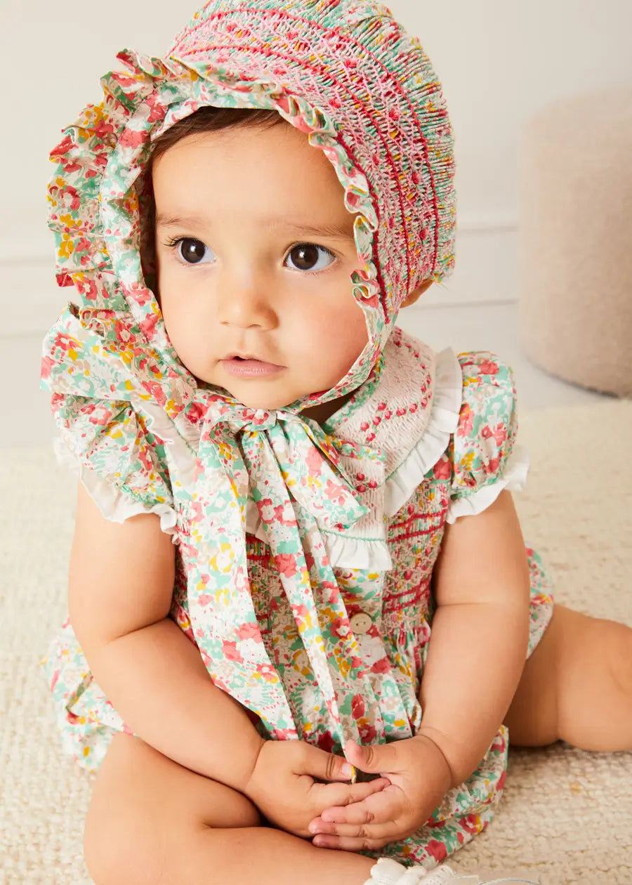 Clementine Floral Hand Smocked Bonnet in Coral (S-M) BONNETS from Pepa London