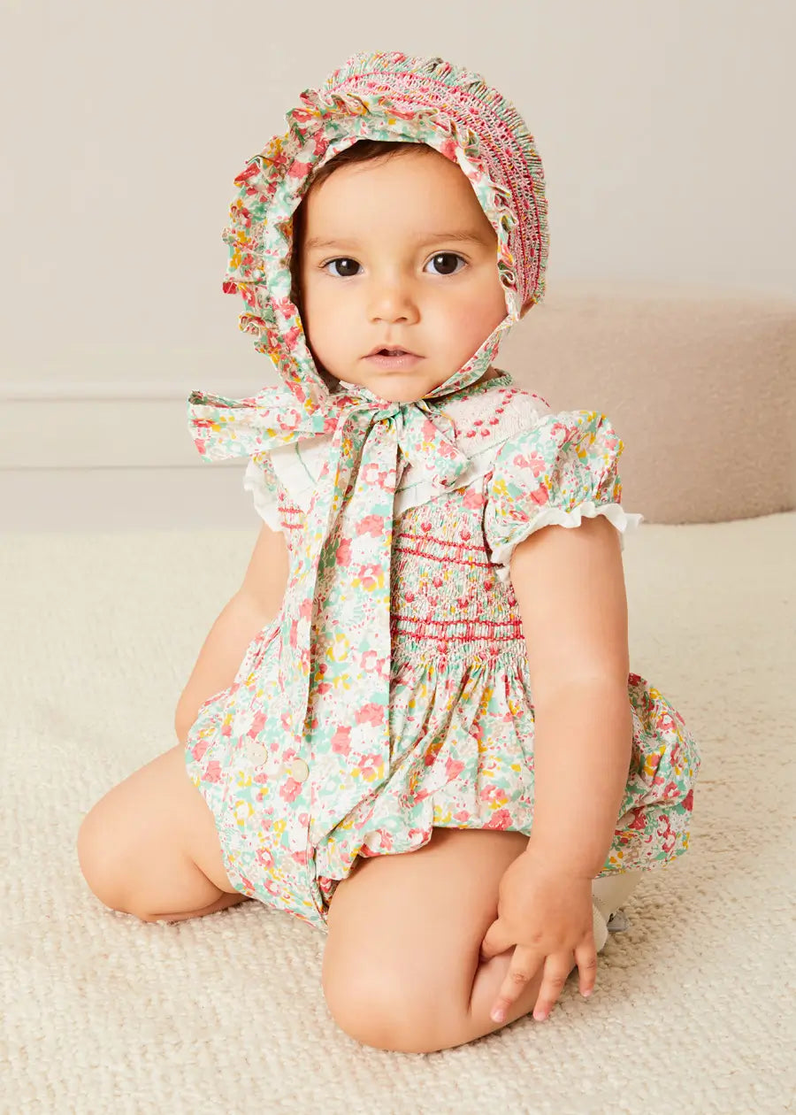 Clementine Floral Hand Smocked Bonnet in Coral (S-M) BONNETS from Pepa London
