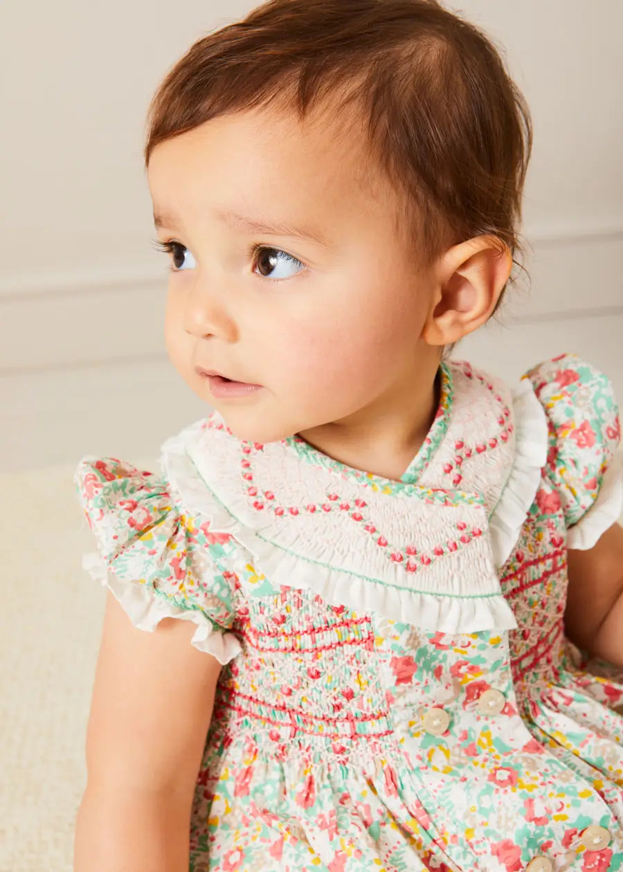 Clementine Floral Hand Smocked Double Breasted Short Sleeve Romper in Coral (6mths-3yrs) ROMPERS from Pepa London