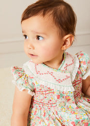 Clementine Floral Hand Smocked Double Breasted Short Sleeve Romper in Coral (6mths-3yrs) ROMPERS from Pepa London
