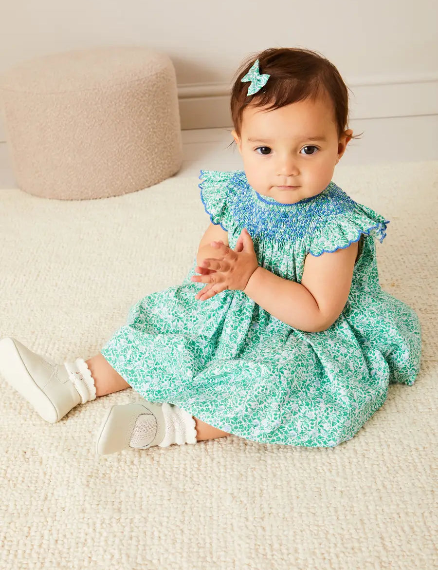 Adelaide Floral Hand Smocked Sleeveless Dress With Bloomers in Green (3mths-3yrs) DRESSES from Pepa London