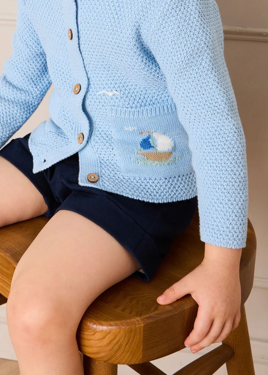 Nautical Boat Embroidery Polo Collar Cardigan in Sky Blue (12mths-6yrs) Knitwear from Pepa London
