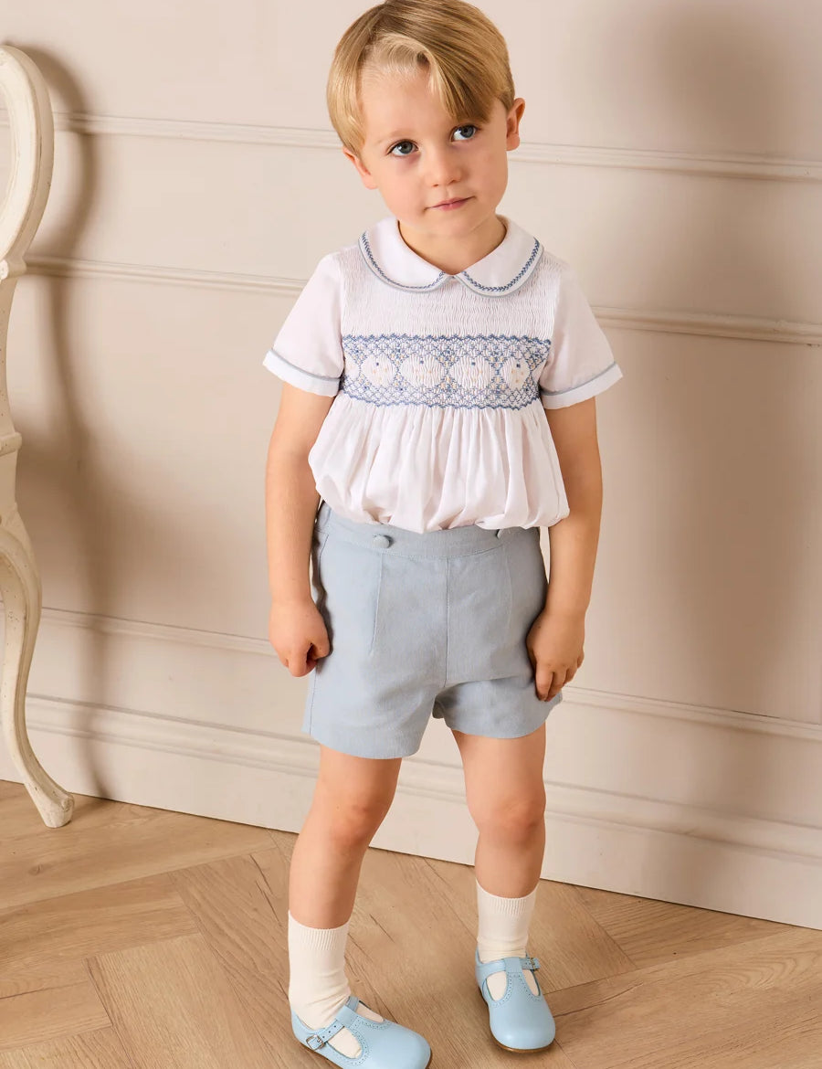 Hand Smocked Peter Pan Collar Short Sleeve Two Piece Set in Sky Blue (12mths-6yrs) Two Piece Set from Pepa London