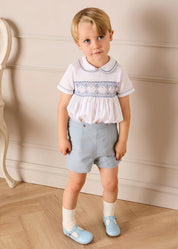 Hand Smocked Peter Pan Collar Short Sleeve Two Piece Set in Sky Blue (12mths-6yrs) Two Piece Set from Pepa London