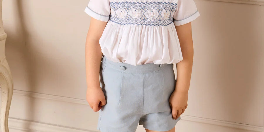 Hand Smocked Peter Pan Collar Short Sleeve Two Piece Set in Sky Blue (12mths-6yrs) Two Piece Set from Pepa London