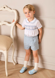 Hand Smocked Peter Pan Collar Short Sleeve Two Piece Set in Sky Blue (12mths-6yrs) Two Piece Set from Pepa London