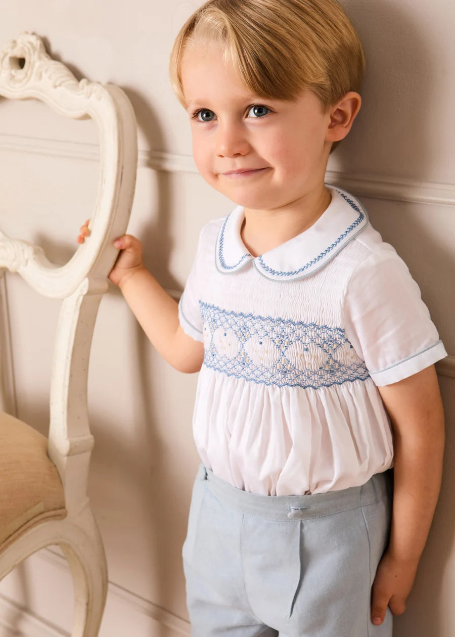 Hand Smocked Peter Pan Collar Short Sleeve Two Piece Set in Sky Blue (12mths-6yrs) Two Piece Set from Pepa London