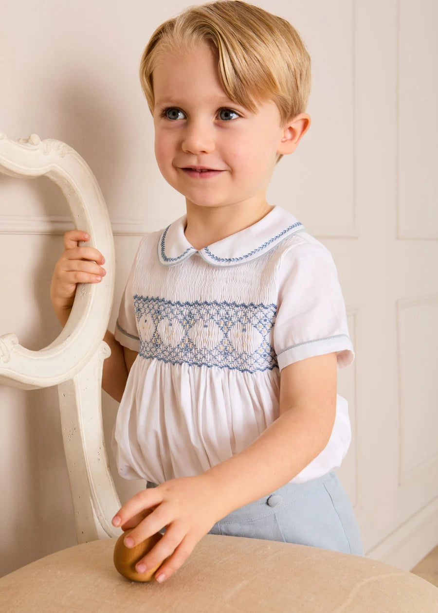 Hand Smocked Peter Pan Collar Short Sleeve Two Piece Set in Sky Blue (12mths-6yrs) Two Piece Set from Pepa London