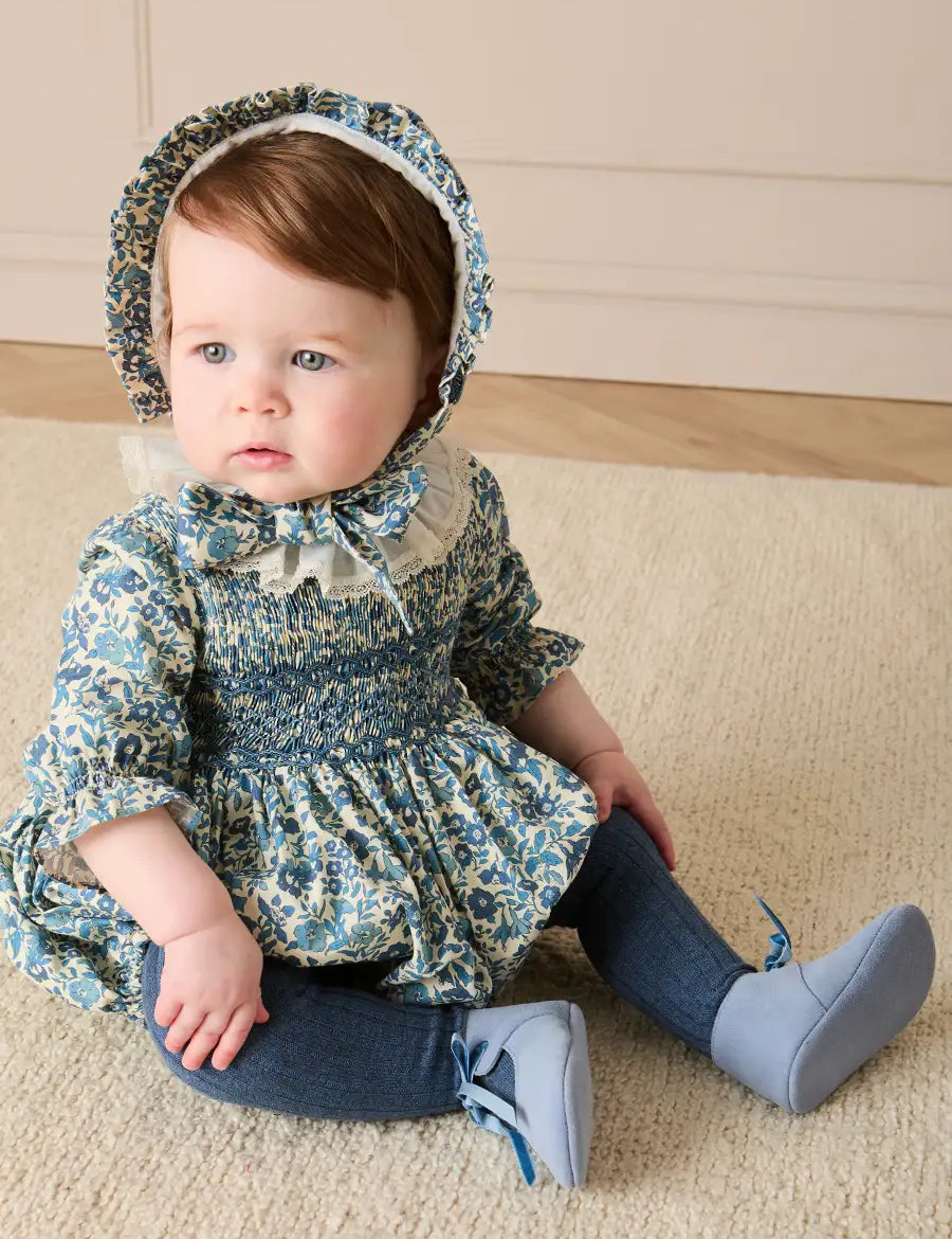 Daphne Floral Hand Smocked Long Sleeve Romper in Blue (6mths-3yrs) Rompers from Pepa London
