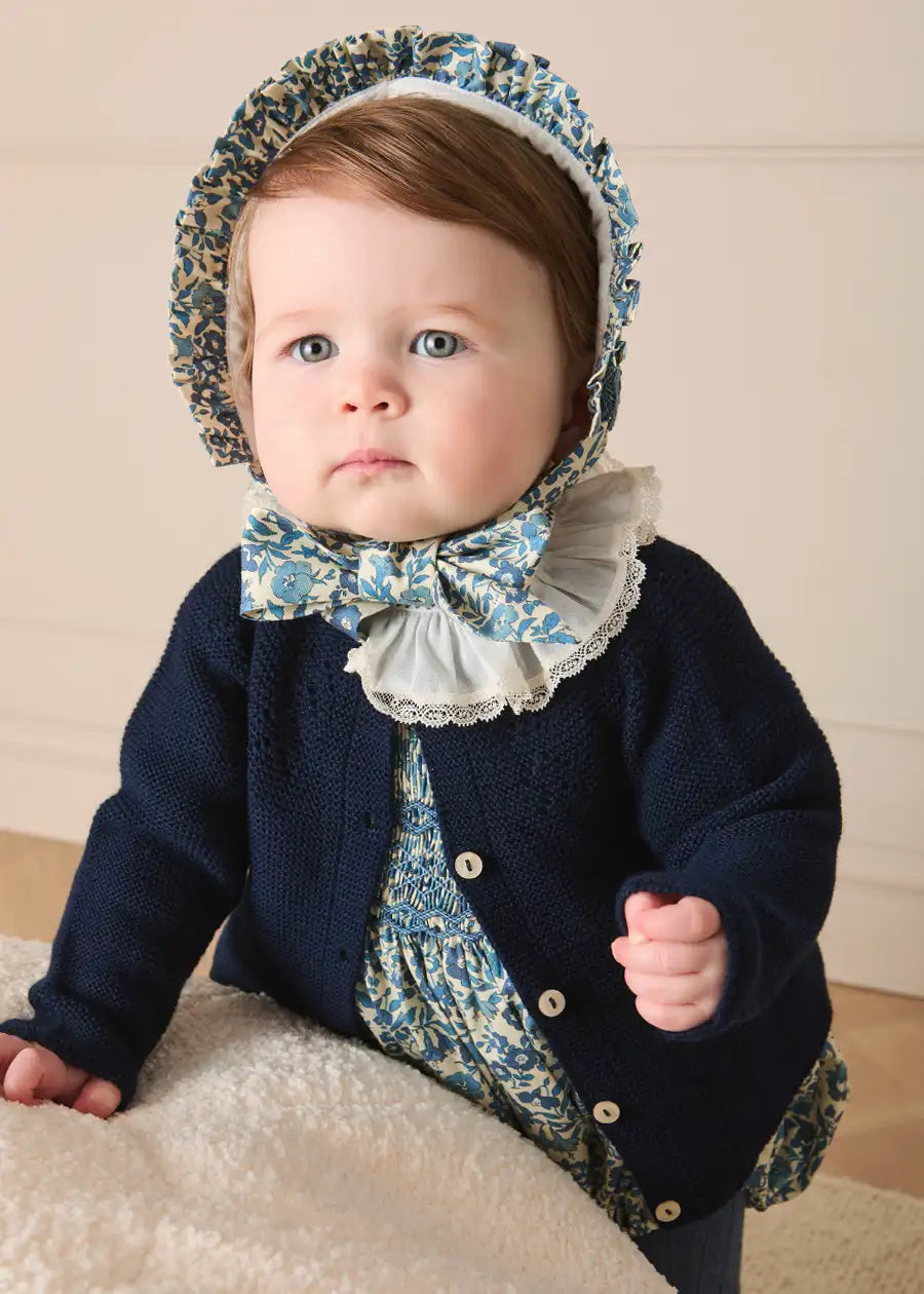 Daphne Floral Hand Smocked Long Sleeve Romper in Blue (6mths-3yrs) Rompers from Pepa London