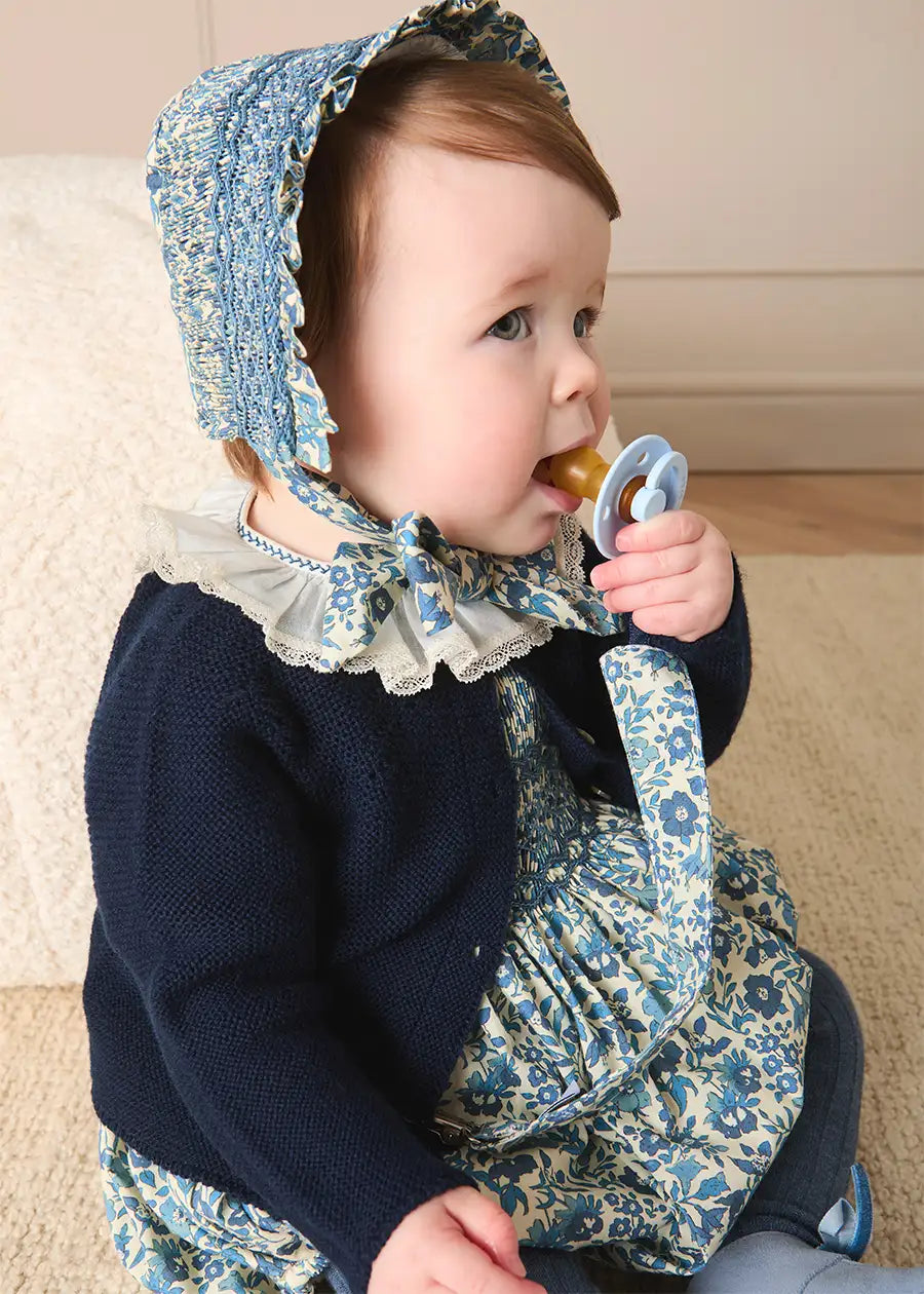 Daphne Floral Hand Smocked Long Sleeve Romper in Blue (6mths-3yrs) Rompers from Pepa London