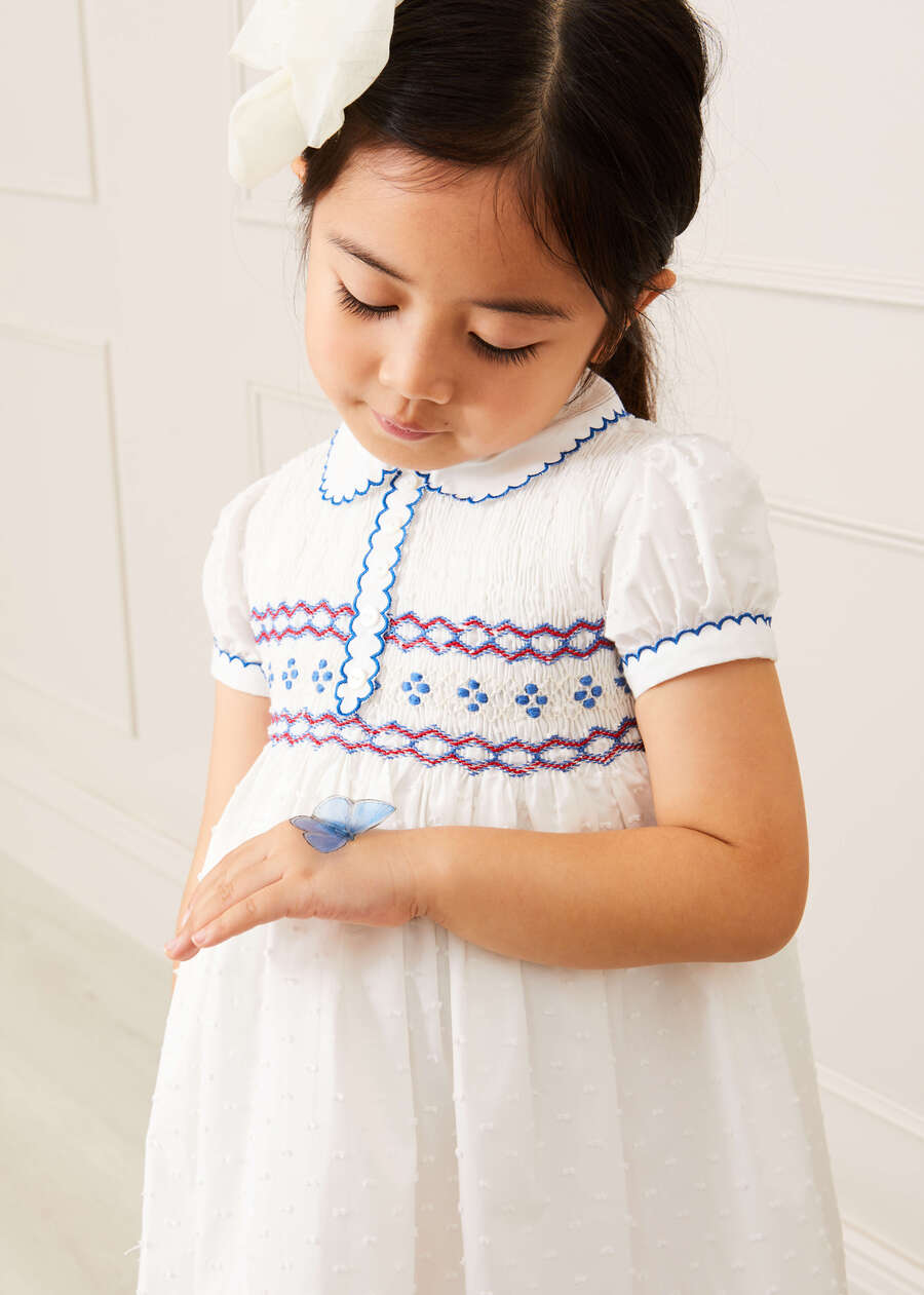 Hand Smocked Plumetti Short Sleeve Dress in White (12mths-6yrs) Dresses  from Pepa London