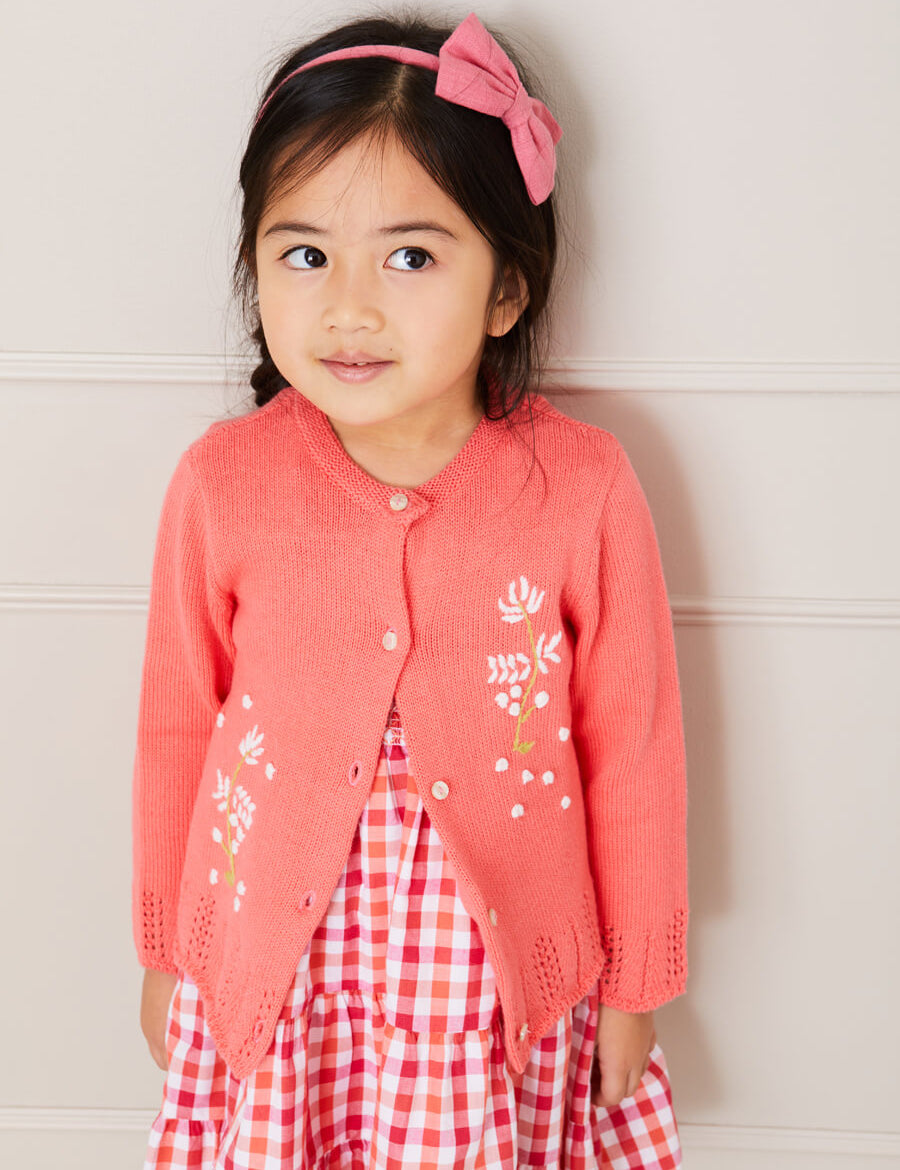 Embroidered Flower Motif Cardigan in Coral (18mths-10yrs) Knitwear  from Pepa London