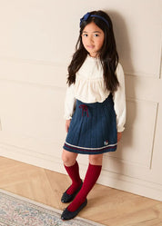 Pleated Floral Embroidered Knitted Skirt in Navy (4-10yrs) Skirts from Pepa London