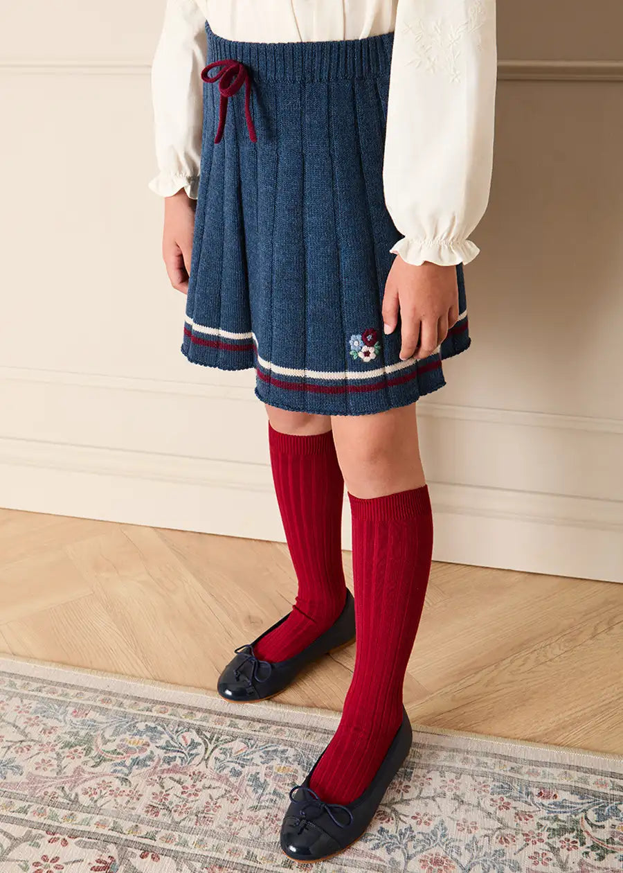 Pleated Floral Embroidered Knitted Skirt in Navy (4-10yrs) Skirts from Pepa London