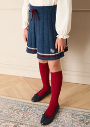 Pleated Floral Embroidered Knitted Skirt in Navy (4-10yrs) Skirts from Pepa London