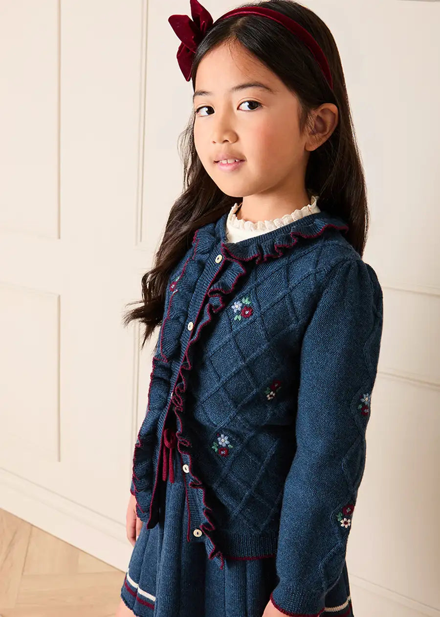 Cable Knit Floral Embroidered Ruffle Detail Cardigan in Navy (4-10yrs) Knitwear from Pepa London