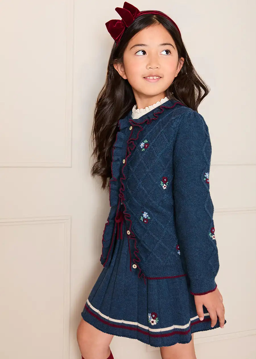 Pleated Floral Embroidered Knitted Skirt in Navy (4-10yrs) Skirts from Pepa London
