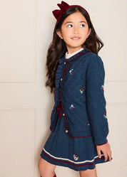 Pleated Floral Embroidered Knitted Skirt in Navy (4-10yrs) Skirts from Pepa London