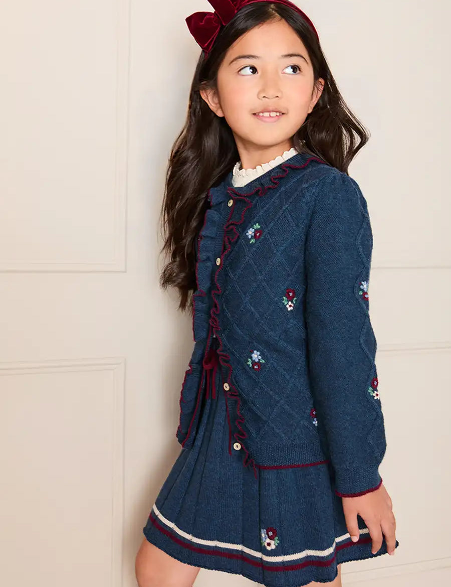 Cable Knit Floral Embroidered Ruffle Detail Cardigan in Navy (4-10yrs) Knitwear from Pepa London