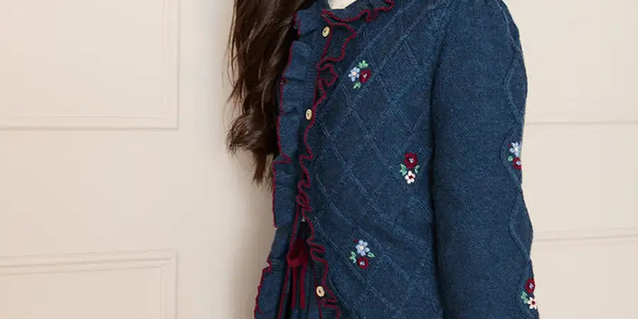 Cable Knit Floral Embroidered Ruffle Detail Cardigan in Navy (4-10yrs) Knitwear from Pepa London