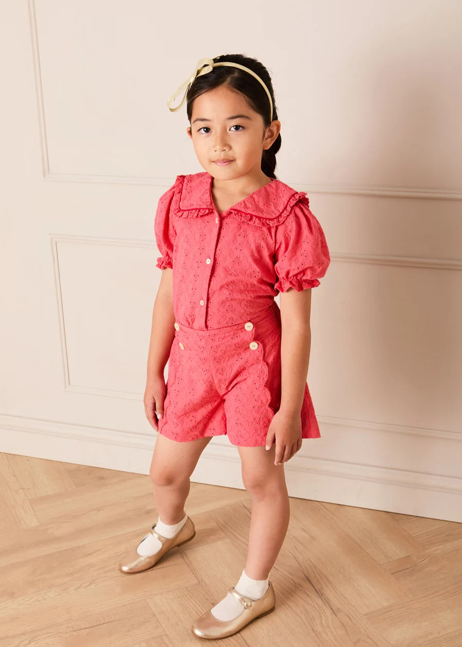 Broderie Anglaise High Waisted Shorts in Strawberry (4-12yrs) Shorts from Pepa London
