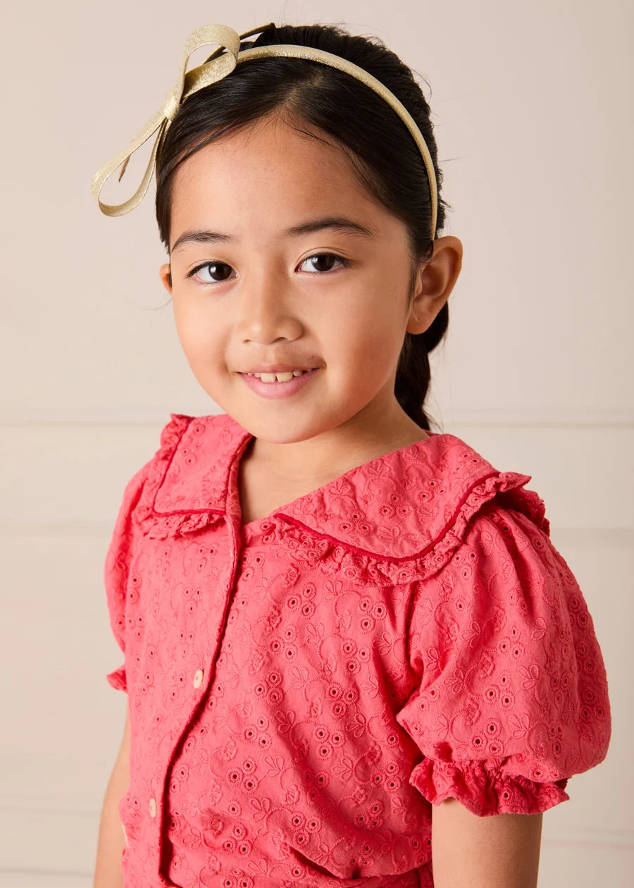 Broderie Anglaise Mariner Collar Blouse in Strawberry (4-12yrs) Blouses from Pepa London