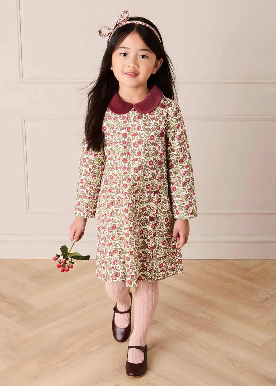 Daphne Floral Long Sleeve Velvet Collar Dress in Burgundy (18mths-10yrs) Dresses from Pepa London
