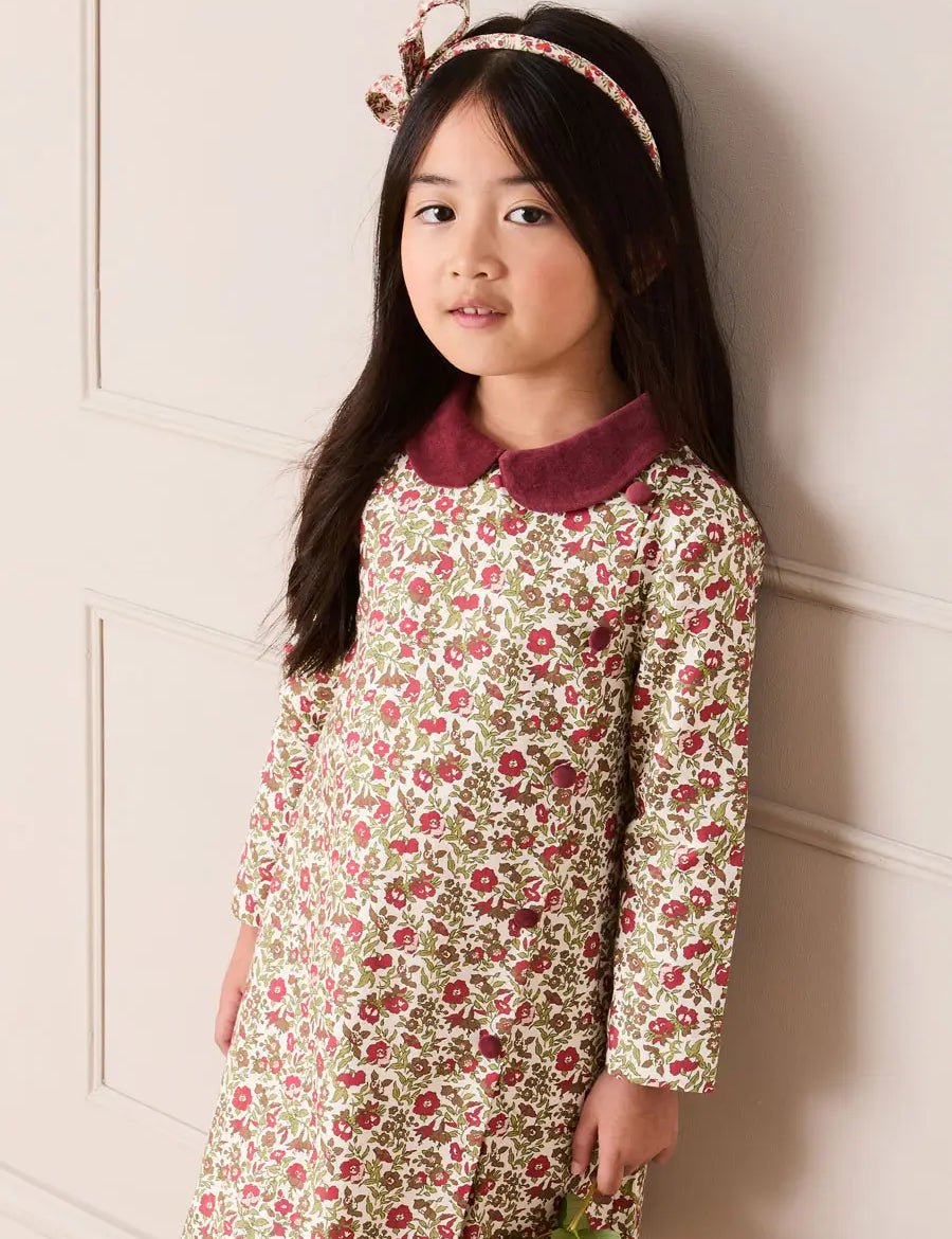 Daphne Floral Long Sleeve Velvet Collar Dress in Burgundy (18mths-10yrs) Dresses from Pepa London