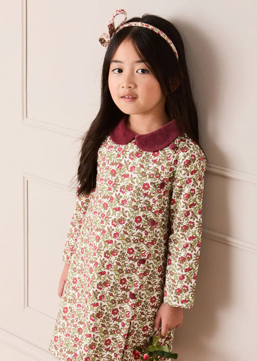 Daphne Floral Long Sleeve Velvet Collar Dress in Burgundy (18mths-10yrs) Dresses from Pepa London