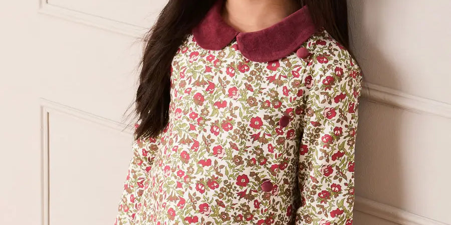 Daphne Floral Long Sleeve Velvet Collar Dress in Burgundy (18mths-10yrs) Dresses from Pepa London