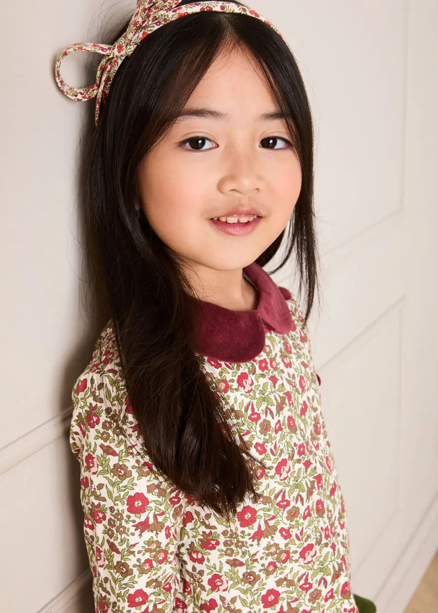 Daphne Floral Long Sleeve Velvet Collar Dress in Burgundy (18mths-10yrs) Dresses from Pepa London