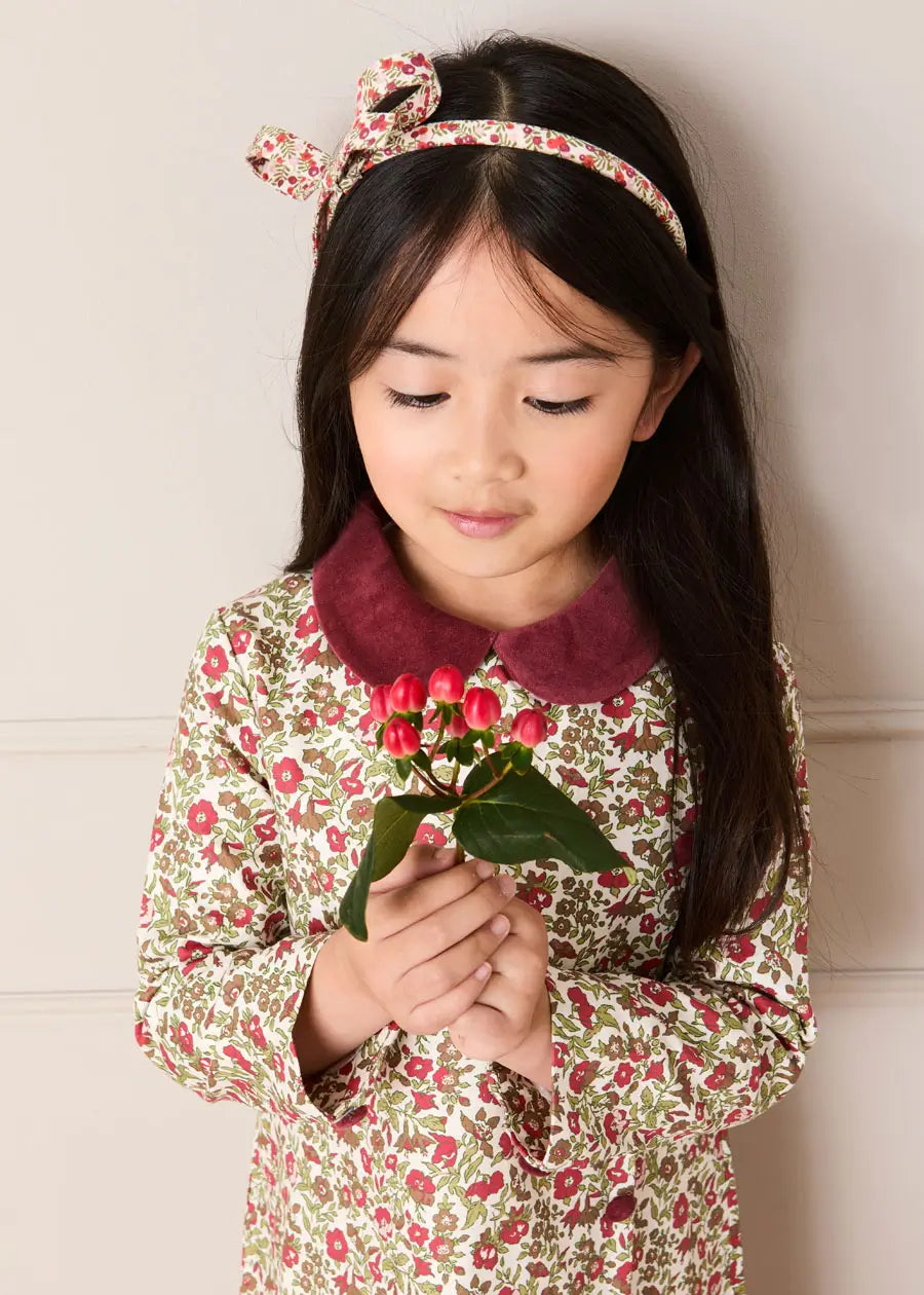 Daphne Floral Long Sleeve Velvet Collar Dress in Burgundy (18mths-10yrs) Dresses from Pepa London