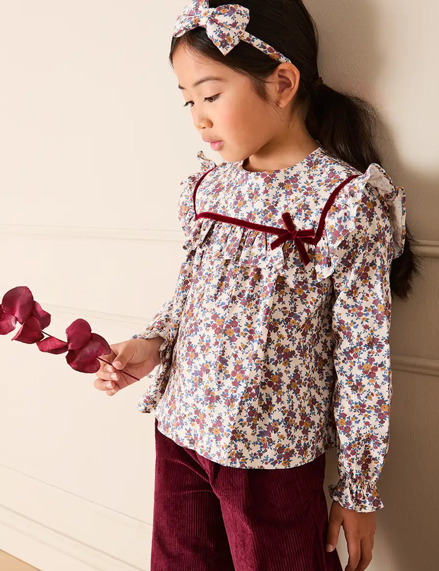 Victoria Floral Velvet Bow Detail Blouse in Burgundy (18mths-10yrs) Blouses from Pepa London