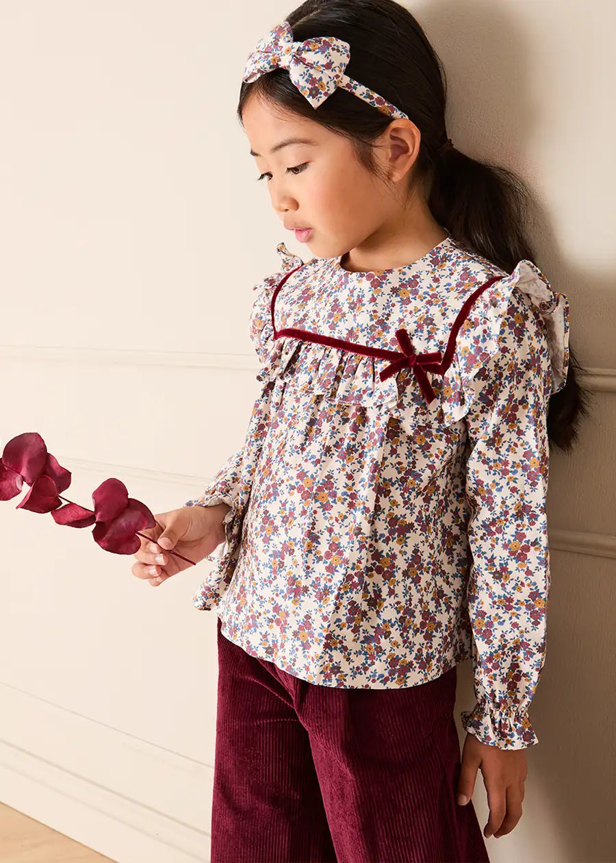 Victoria Floral Velvet Bow Detail Blouse in Burgundy (18mths-10yrs) Blouses from Pepa London