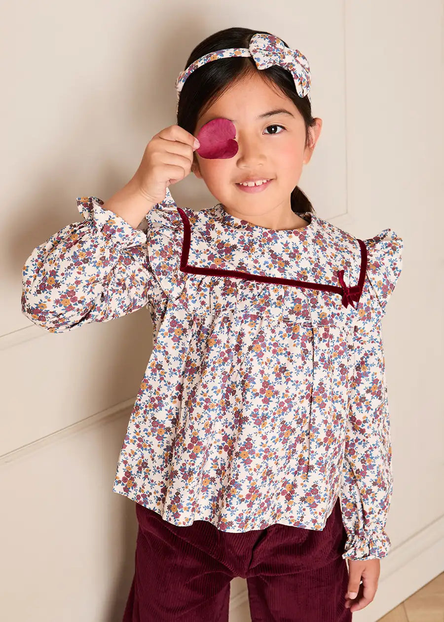 Victoria Floral Velvet Bow Detail Blouse in Burgundy (18mths-10yrs) Blouses from Pepa London
