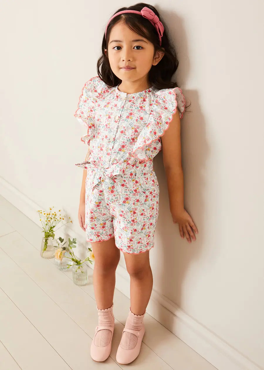 Louisa Floral Ruffle Detail Playsuit in Pink (4-12yrs) DUNGAREES from Pepa London