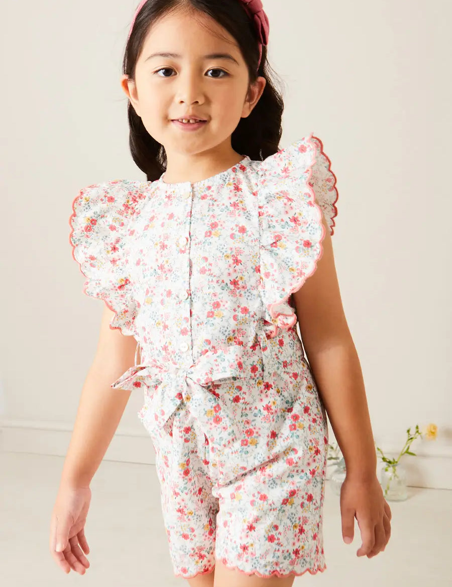 Louisa Floral Ruffle Detail Playsuit in Pink (4-12yrs) DUNGAREES from Pepa London
