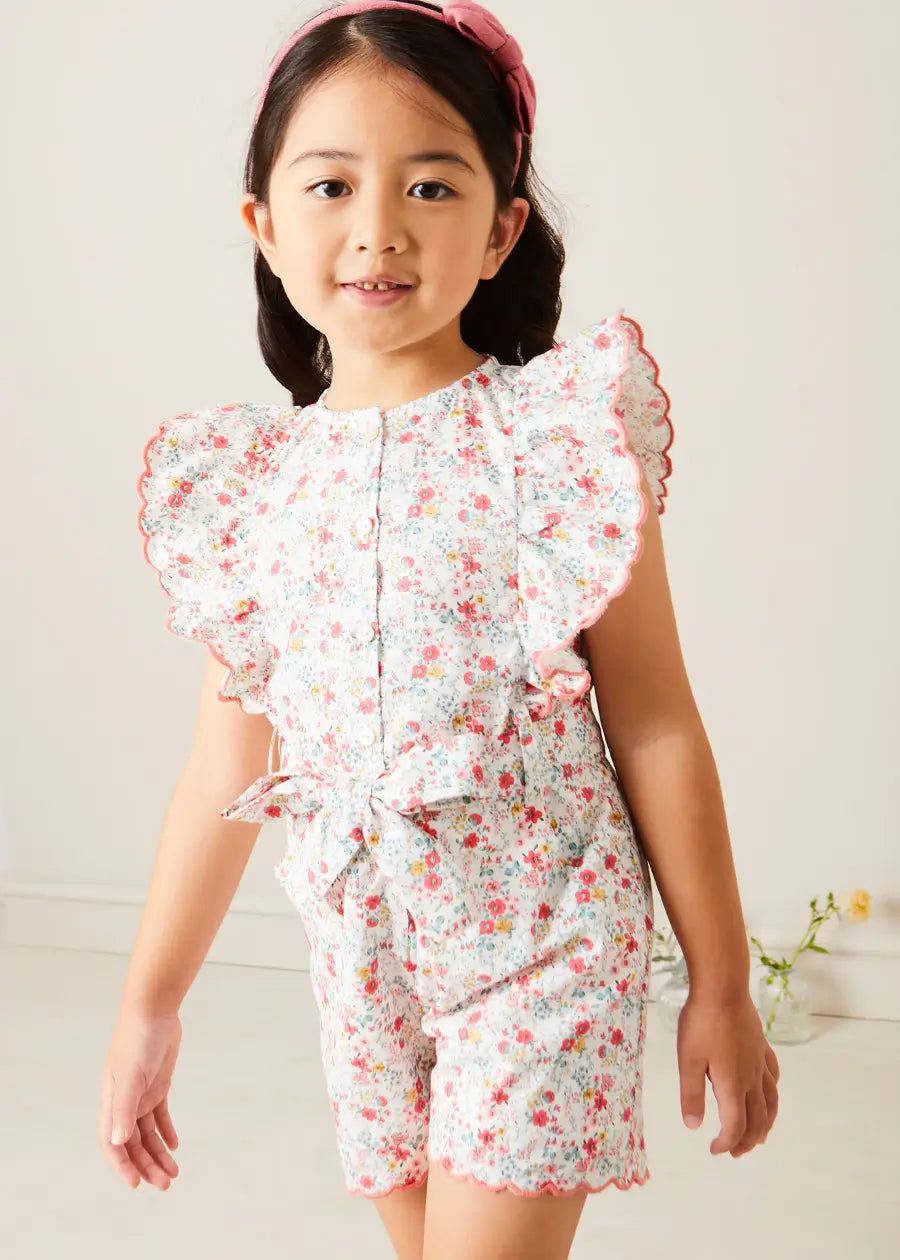 Louisa Floral Ruffle Detail Playsuit in Pink (4-12yrs) DUNGAREES from Pepa London