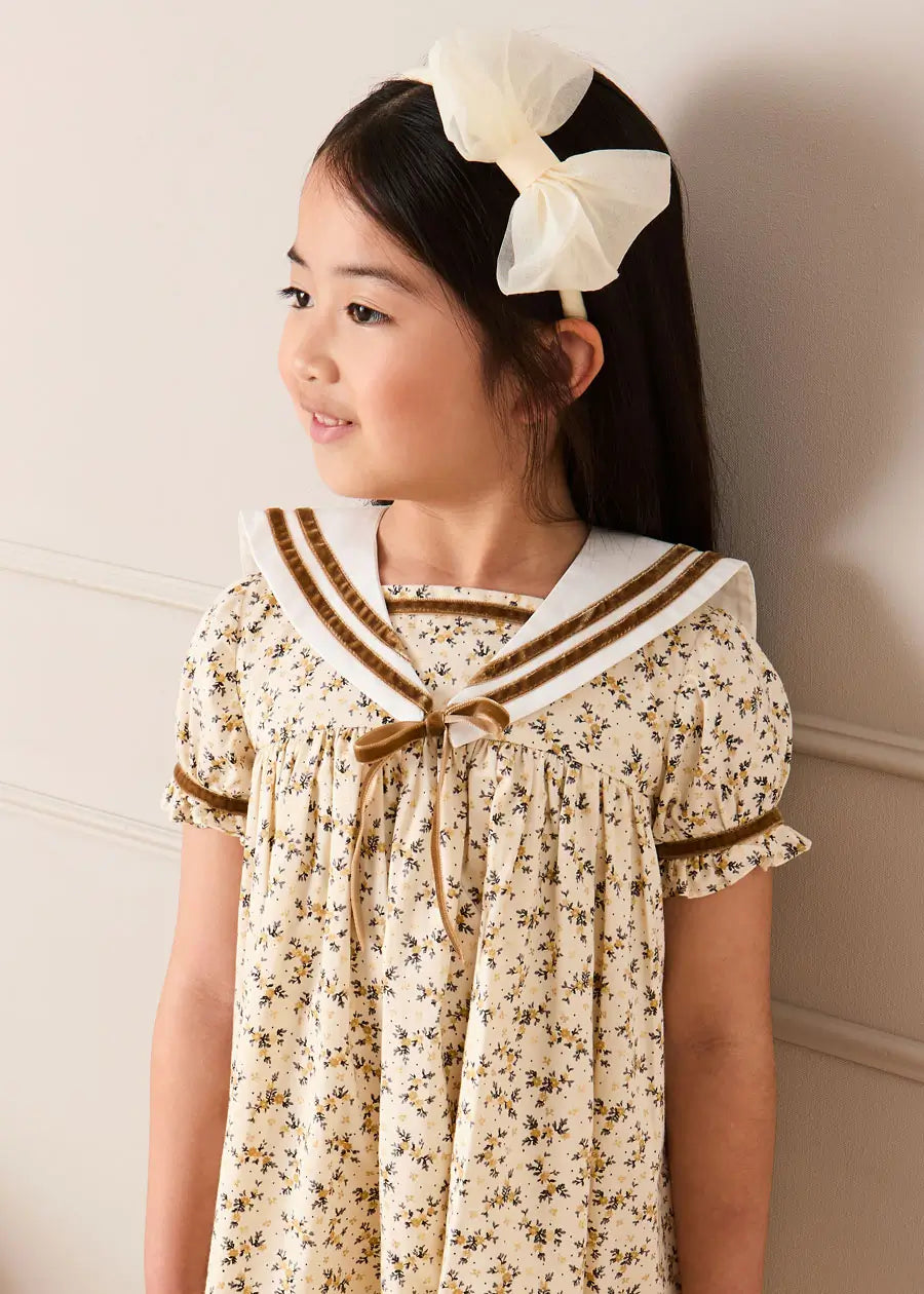 Cora Floral Mariner Collar Velvet Trim Dress in Toffee (18mths-10yrs) Dresses from Pepa London