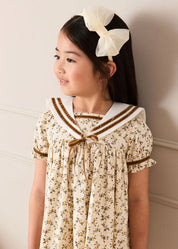 Cora Floral Mariner Collar Velvet Trim Dress in Toffee (18mths-10yrs) Dresses from Pepa London