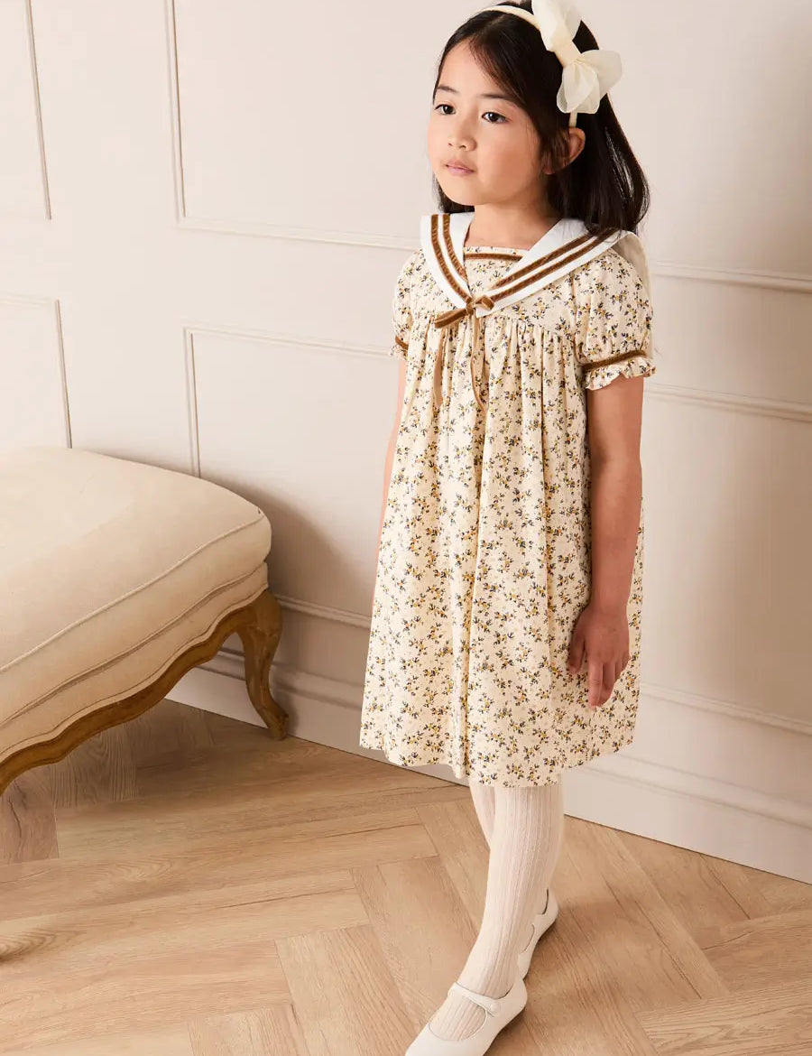 Cora Floral Mariner Collar Velvet Trim Dress in Toffee (18mths-10yrs) Dresses from Pepa London