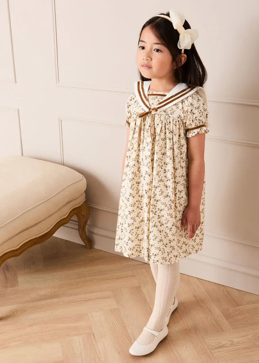 Cora Floral Mariner Collar Velvet Trim Dress in Toffee (18mths-10yrs) Dresses from Pepa London