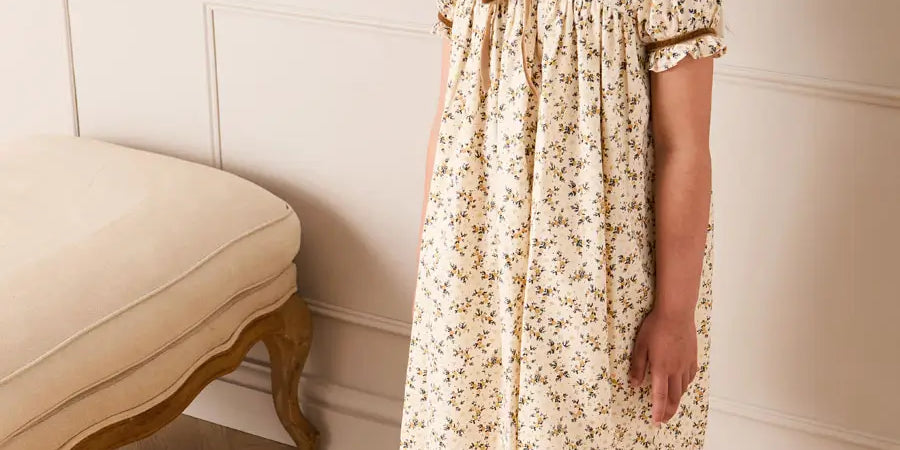 Cora Floral Mariner Collar Velvet Trim Dress in Toffee (18mths-10yrs) Dresses from Pepa London