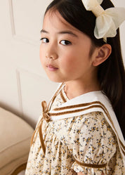 Cora Floral Mariner Collar Velvet Trim Dress in Toffee (18mths-10yrs) Dresses from Pepa London