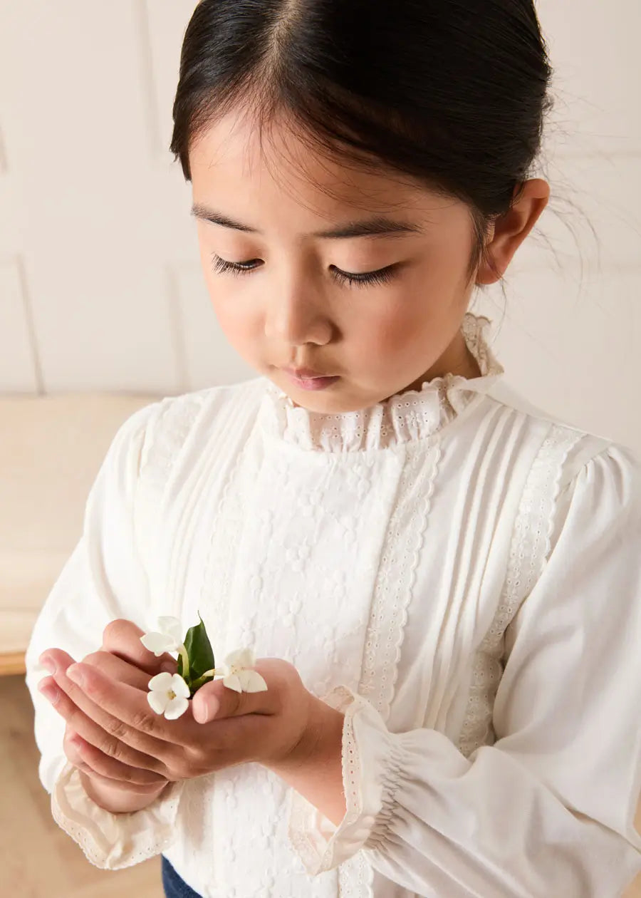 Flower Embroidered Lace Detail Top in White (3-10yrs) Tops & Bodysuits from Pepa London